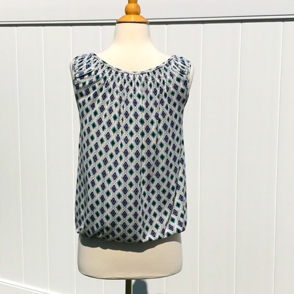 Max Studio White/Black/Blue Green Print Smocked Neckline Tank Top Size Medium - Picture 7 of 16